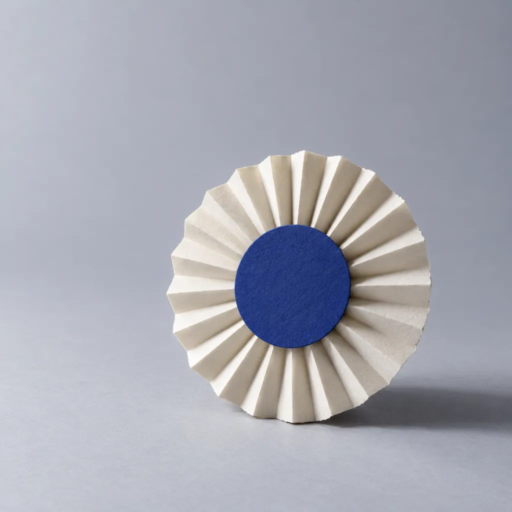 A pleated paper rosette with an indigo centre