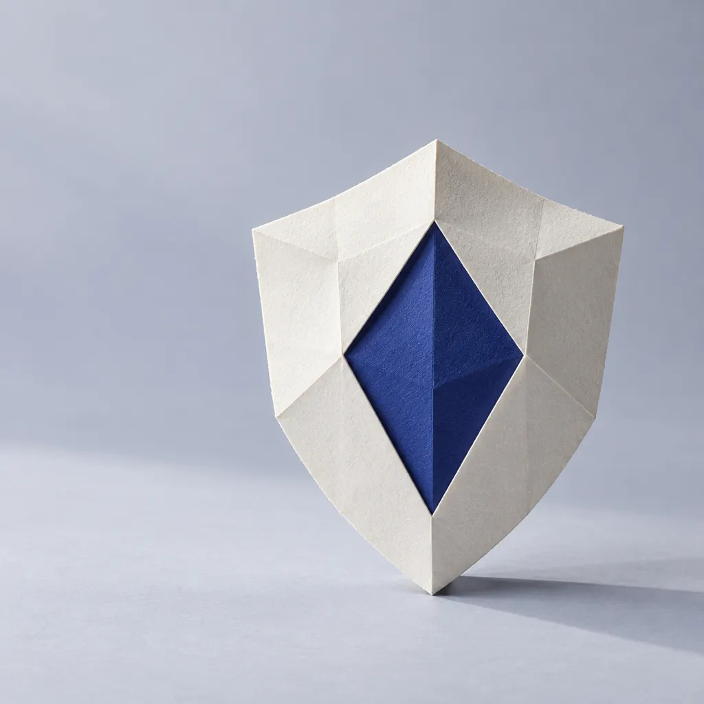 A symmetrical, faceted paper form shaped like a shield