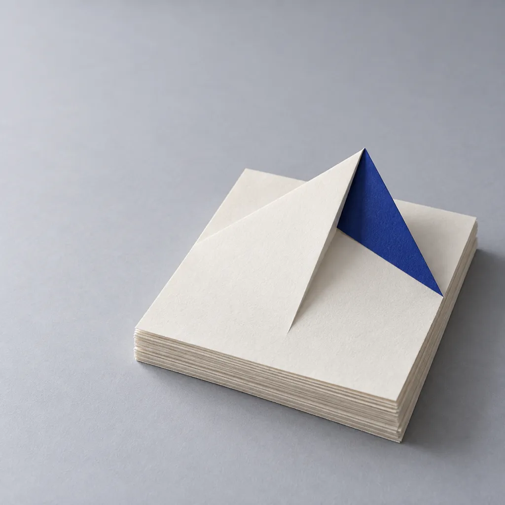 A stack of paper sheets, the top one folded into an upward pleat