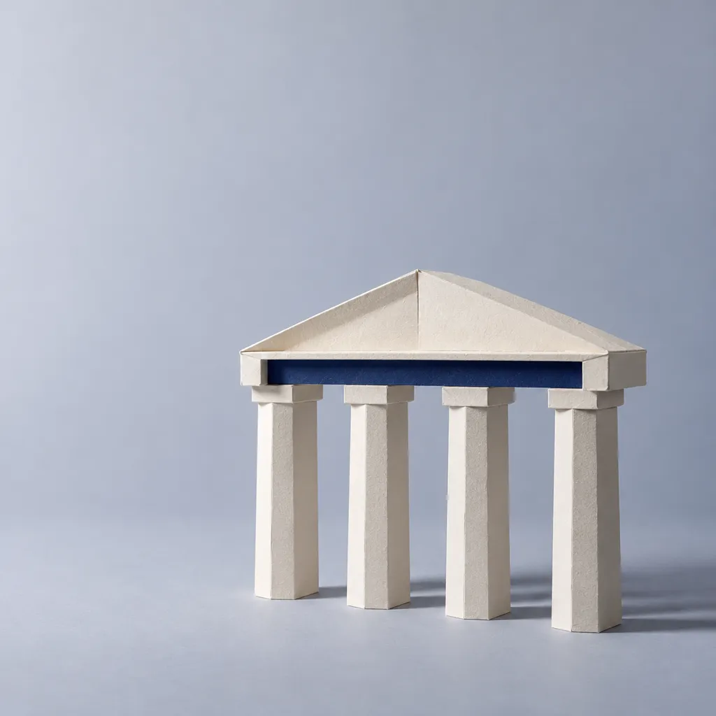Folded paper columns of an abstract portico
